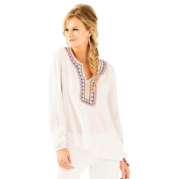 Lilly Pulitzer Dahle Embroidered Tunic Top White Neon Size L - Picture 1 of 7